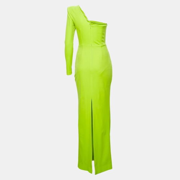 Alex Perry Lime Green Velvet Cut-Out Detail One Shoulder Maxi Dress M